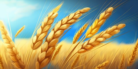 Closeup ears of golden wheat field. Beautiful rural background sunlight with blue sky, down view. Generative AI