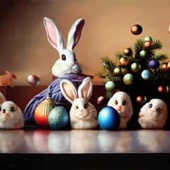 Fototapeta na wymiar group of bunnies sitting next to a christmas tree. generative ai.