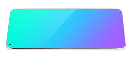 Modern white smartphone with blue touch screen lying down horizontal. Smart phone on isolated on transparent background