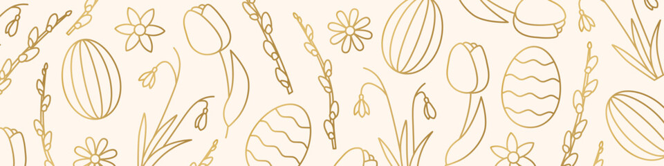 Easter golden banner with tulips, snowdrops, willow catkins branches and eggs - vector illustration © chrupka