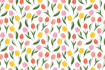 spring seamless pattern with colorful tulip flowers - vector illustration - obrazy, fototapety, plakaty