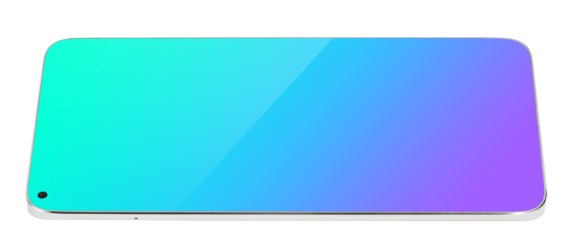 Modern white smartphone with blue touch screen lying down horizontal. Smart phone on isolated on transparent background