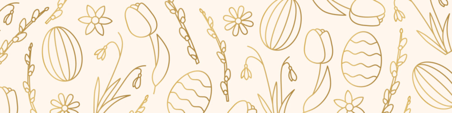 Easter golden banner with tulips, snowdrops, willow catkins branches and eggs - vector illustration
