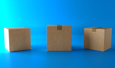 Close up of a cardboard box on blue background. Cargo box mockup. 3d rendering.