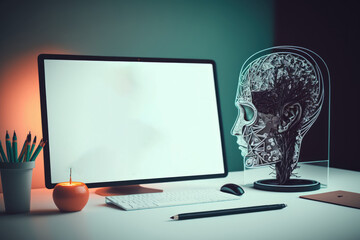 Creative AI concept with a drawing of a human head and a modern desktop with a computer in the backdrop. two exposures. Generative AI