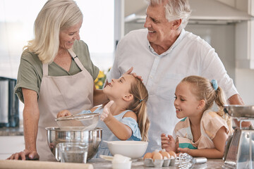 Baking, love and senior family with children in kitchen care, bond and learning for morning breakfast help. Real people or grandparents and girl kids teaching, cooking and food with child development