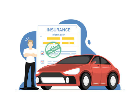 Personal vehicle insurance concept, Human standing with personal vehicle document information, Digital marketing illustration.