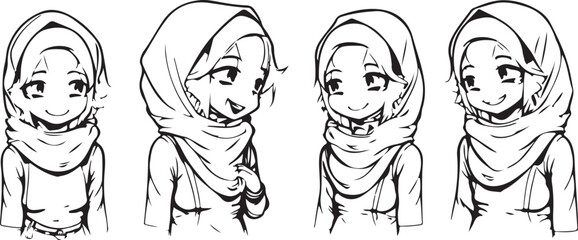 Vector illustration line art sketch half body of a hijab girl