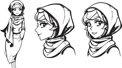 Vector illustration line art sketch of a hijab girl multiple poses