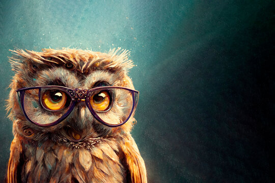 A wise-looking  baby owl with glasses looking towards. Generative AI