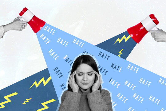Creative magazine template collage of lady struggle horrible head ache listen harmful bully hate speech bullhorn