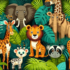a seamless pattern of jungle animals in cartoon style