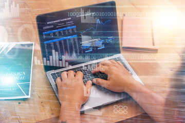 Ux design, laptop and hands developer with overlay in data, crypto trading and futuristic analysis in blockchain technology. Future, cryptocurrency and cybersecurity, innovation in stock investment.