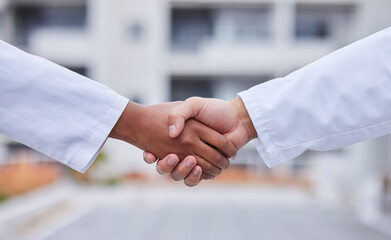 Handshake, b2b meeting and doctors shaking hands for success collaboration, teamwork and medicine...