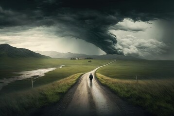 man walking on road head to bad weather black storm, life journey, Generative Ai,