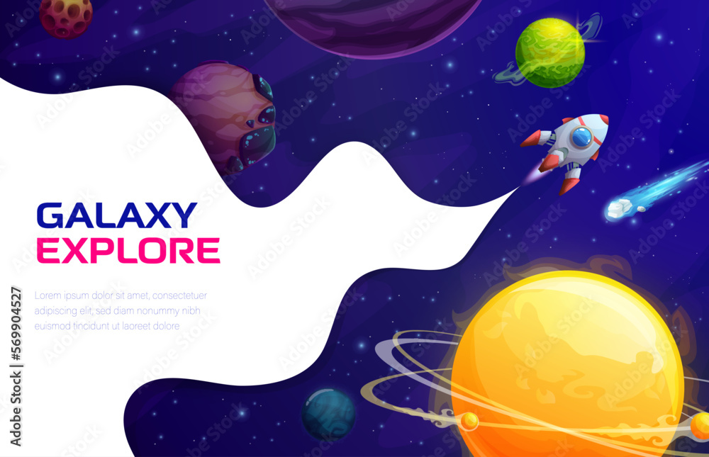 Poster space landing page, vector background with rocket