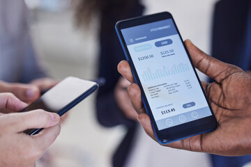 Screen, phone and hands for stock market, trading and cryptocurrency mobile app, fintech or digital finance. Smartphone, technology or financial platform for networking, e commerce or NFT stocks data