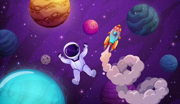 Cartoon astronaut, planets and space landscape