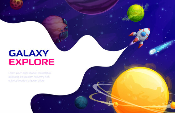 Space landing page, vector background with rocket