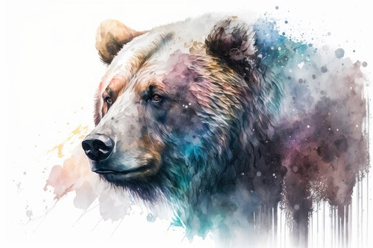 Watercolor bear close up portrait, Realistic painting on white background, Generative AI