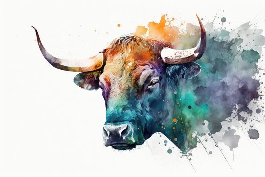 Watercolor bull close up portrait, Realistic painting on white background, Generative AI