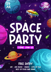 Fototapeta premium Space party flyer cartoon stars, planets and ufo