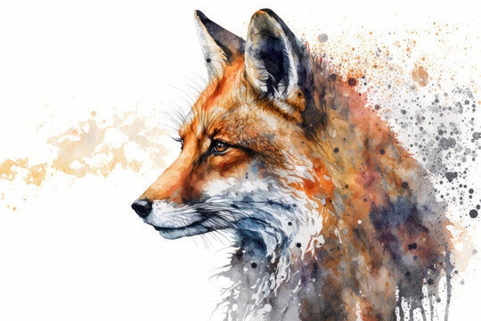 Watercolor fox close up portrait, Realistic painting on white background, Generative AI