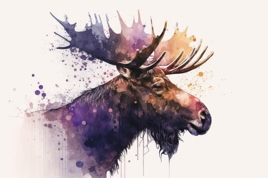 Watercolor moose close up portrait, Realistic painting on white background, Generative AI