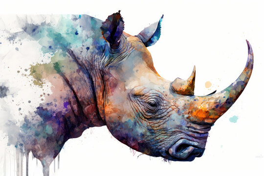 Watercolor rhino close up portrait, Realistic painting on white background, Generative AI