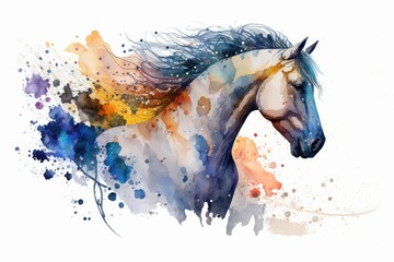 Watercolor hors close up portrait, Realistic painting on white background, Generative AI - obrazy, fototapety, plakaty