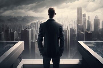 Fototapeta na wymiar A businessman in suit looking out to a developed modern city. Generative AI 