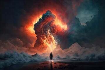 a brave man standing on shore facing fire storm, idea for fearless theme, decide to face problem, background wallpaper, Generative Ai