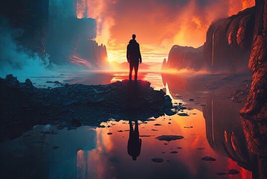 a brave man standing on shore facing fire storm, idea for fearless theme, decide to face problem, background wallpaper, Generative Ai