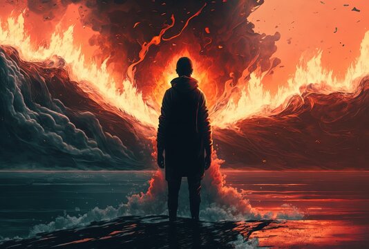 a brave man standing on shore facing fire storm, idea for fearless theme, decide to face problem, background wallpaper, Generative Ai