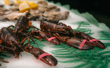 Mercado de La Boqueria, close to La Rambla Street. An exposition of fish and sea products. Spain.