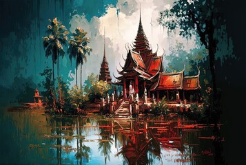 illustration of Thailand Bangkok historic site with nature landscape	

