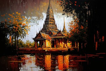 paint like illustration of Thailand Bangkok historic site with nature landscape, Thai traditional vintage riverside lifestyle, Generative Ai
