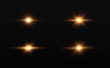 Set of bright star. Golden glowing light explodes on a transparent background.