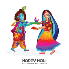 Holi greetings with joyful krishna and radha playing with colors design