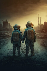 Abandoned children hold hands in radioactive realistic armor on the ground. Generative AI.