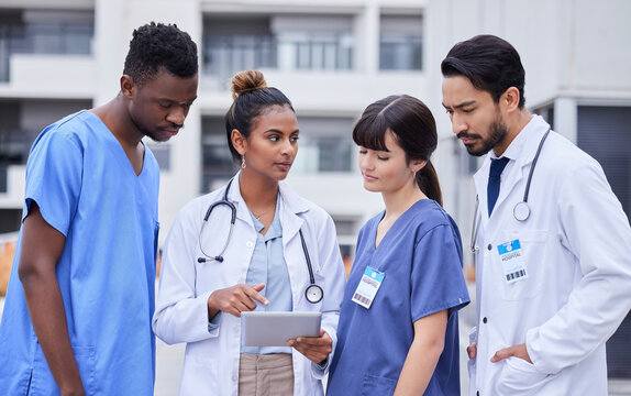 Doctors, research or teamwork on tablet outdoor for collaboration, networking or medicine search. Medicine, medical or group of nurse on 5g tech app for innovation, data analysis or strategy planning - Powered by Adobe