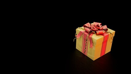 decorated goldish and red present box on black backdrop, isolated - object 3D illustration