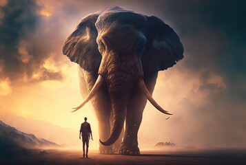 a man facing big animal during walk on nature trial, elephant, Generative Ai 