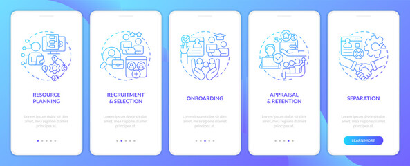 IT staffing process blue gradient onboarding mobile app screen. Recruitment walkthrough 5 steps graphic instructions with linear concepts. UI, UX, GUI template. Myriad Pro-Bold, Regular fonts used