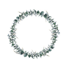 Obraz premium Watercolor eucalyptus wreath round frame. Hand drawn trendy floral circle design element isolated on white background.