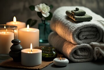 Obraz na płótnie Canvas illustration of spa skin care product set decoration, towel candle, oil bottle, Generative Ai 