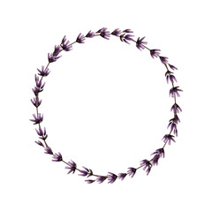 Watercolor lavender wreath thin round frame. Hand drawn floral circle design element isolated on white background.