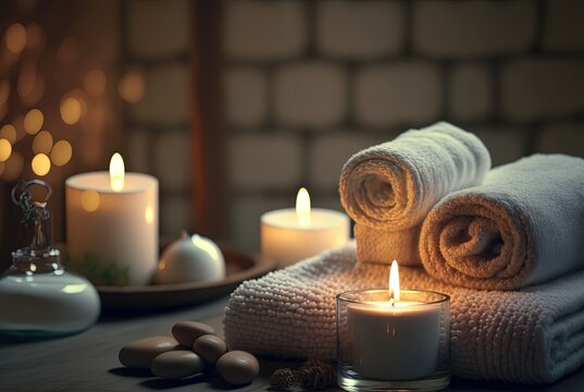 illustration of spa skin care product set decoration, towel candle, oil bottle, Generative Ai	
