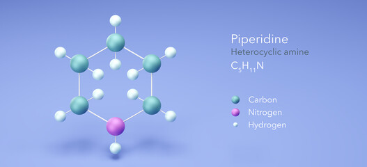 piperidine molecule, molecular structures, c5h11n, 3d model, Structural Chemical Formula and Atoms with Color Coding