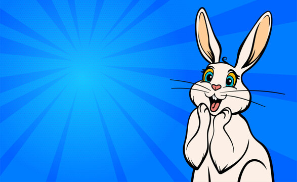 Vector pop art illustration of surprised white rabbit, wow emotion, easter bunny comic style character, hare with open mouth, holiday sale horizontal poster template.